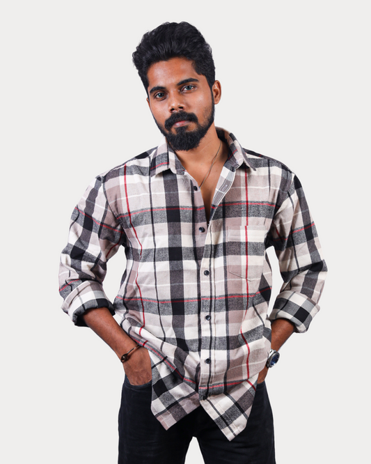 Flannel Woven Men's Sleeve Shirt Cotton Gilded Beige