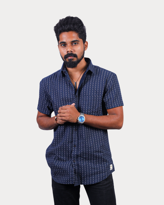 Oxford Woven Men's Printed Half Sleeve Shirts Cotton Beacon Blue