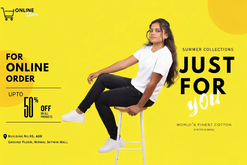 Promotional advertisement with a woman sitting on a stool against a yellow background, featuring text about summer collections and online orders.