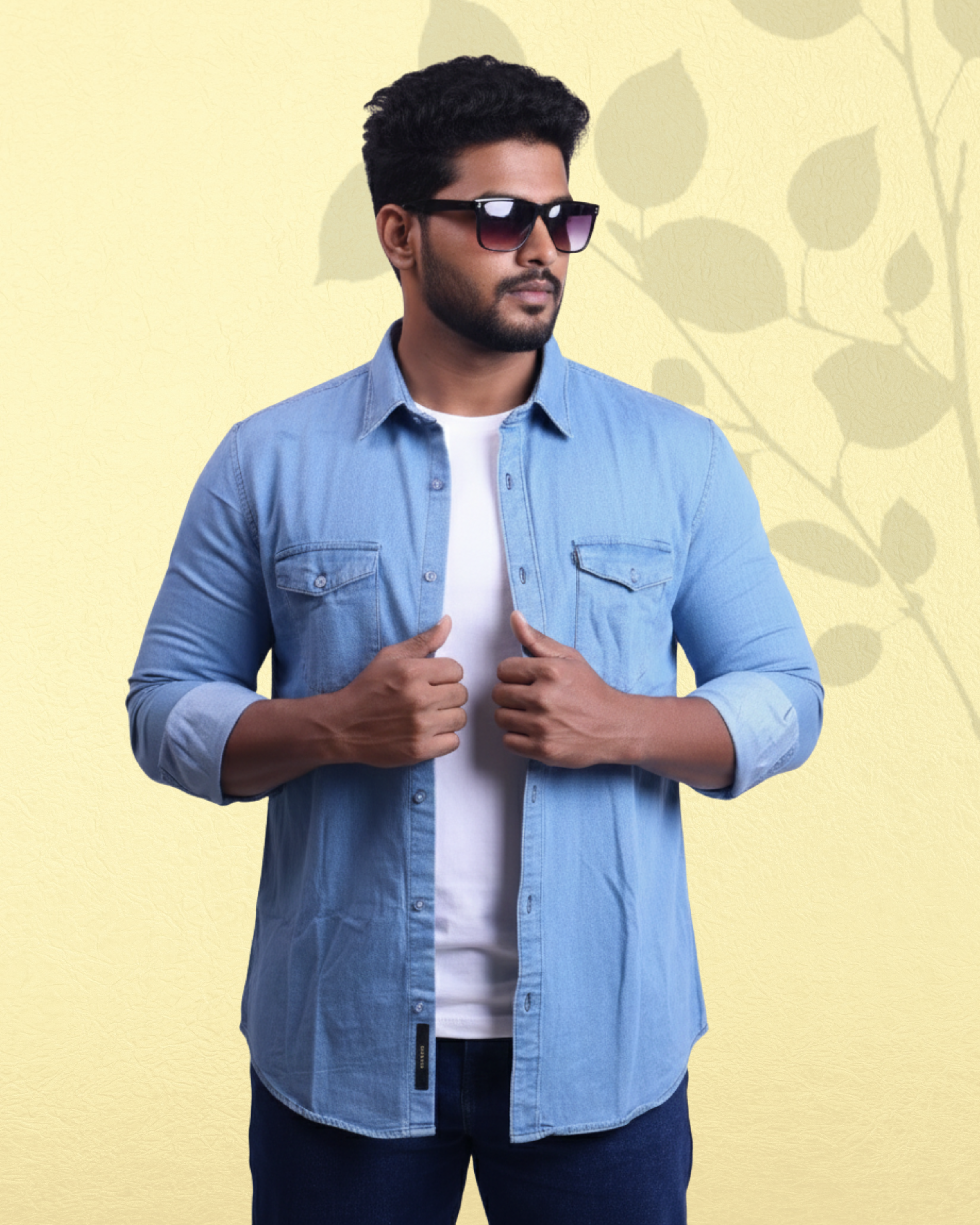 Men's Slim Fit Double Pocket Denim Shirts Light Blue